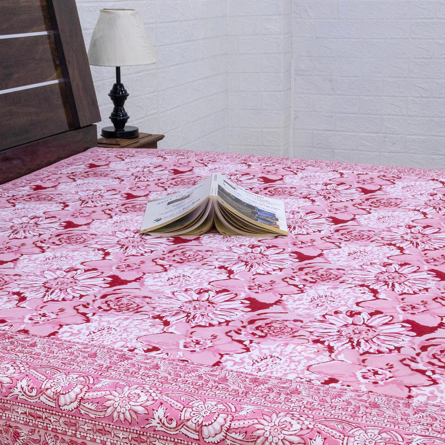 Indian Handmade Block Printed Pink and White Floral Pattern Cotton Bed sheet For living Room, Kids Room - My Store