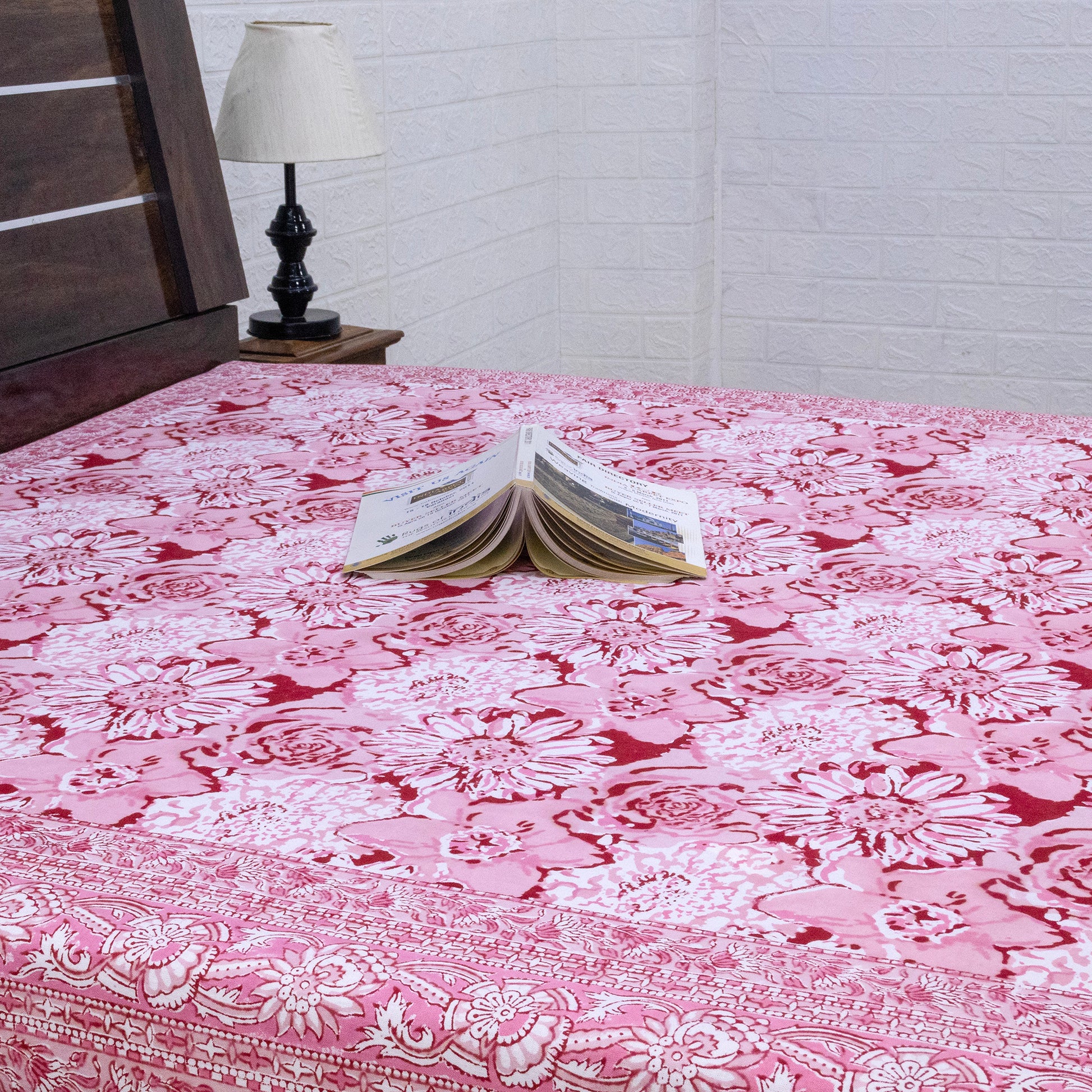 Indian Handmade Block Printed Pink and White Floral Pattern Cotton Bed sheet For living Room, Kids Room - My Store