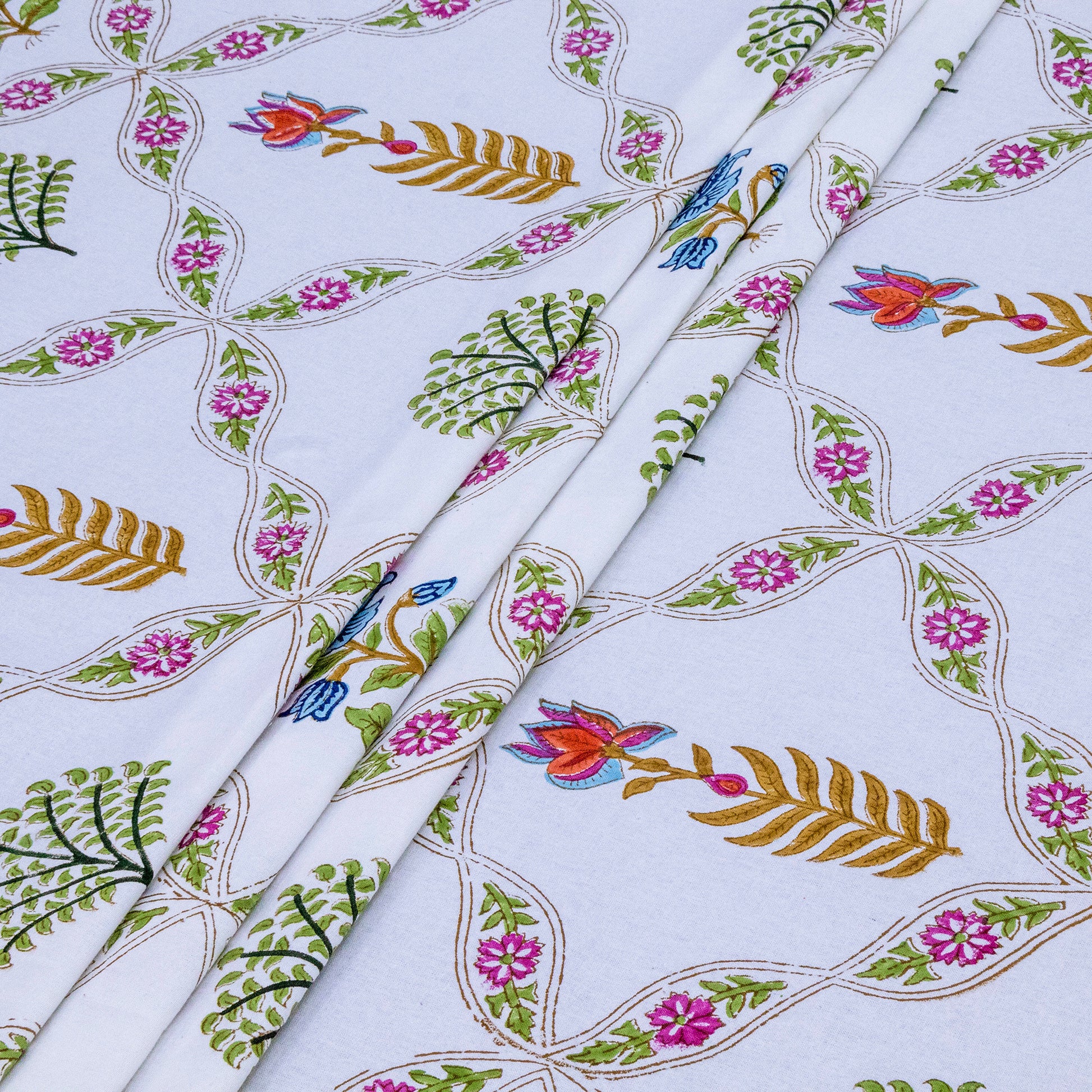 Indian Handmade Block Printed White Floral Pattern Cotton Bed sheet For living Room, Kids Room - My Store