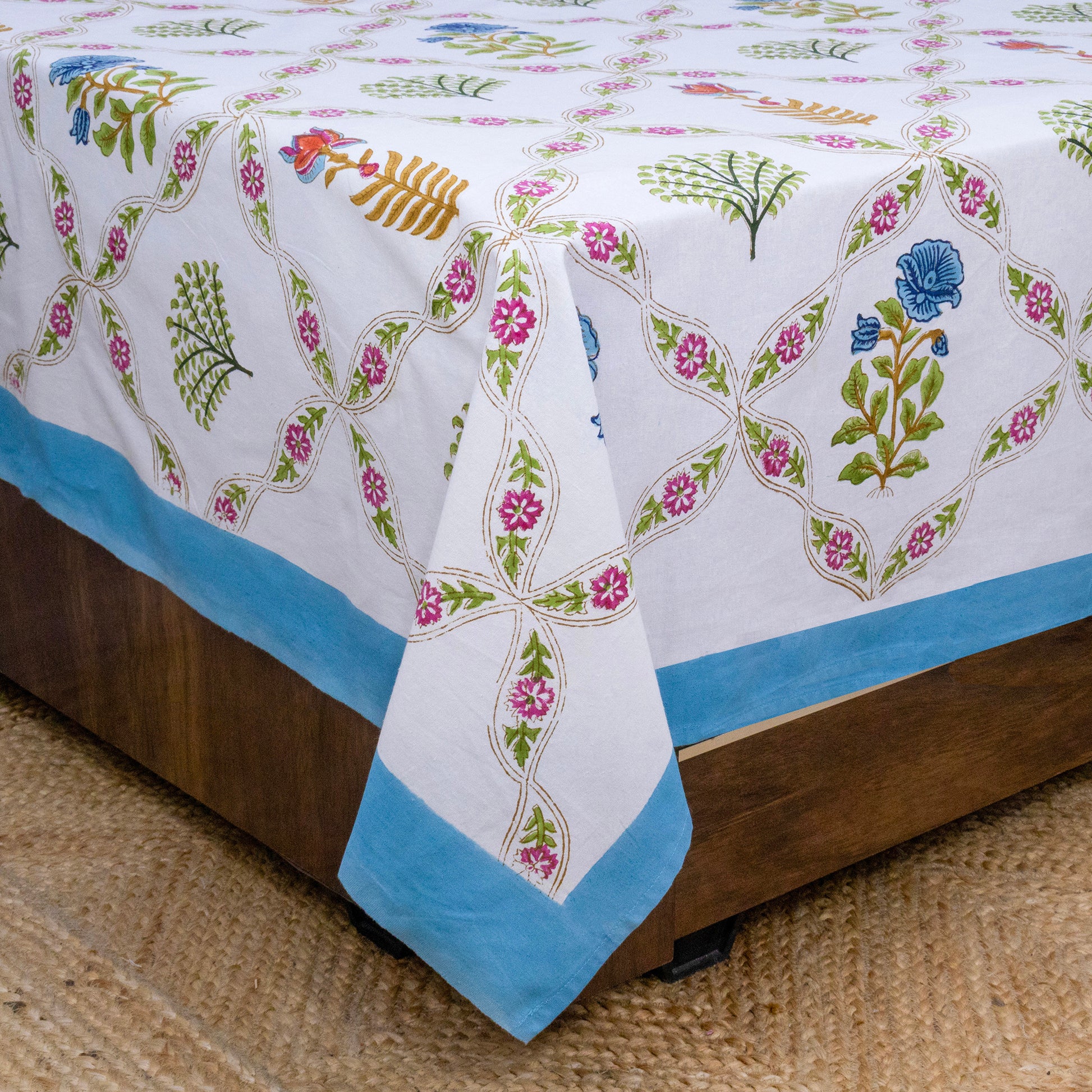 Indian Handmade Block Printed White Floral Pattern Cotton Bed sheet For living Room, Kids Room - My Store