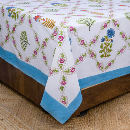 Indian Handmade Block Printed White Floral Pattern Cotton Bed sheet For living Room, Kids Room - My Store