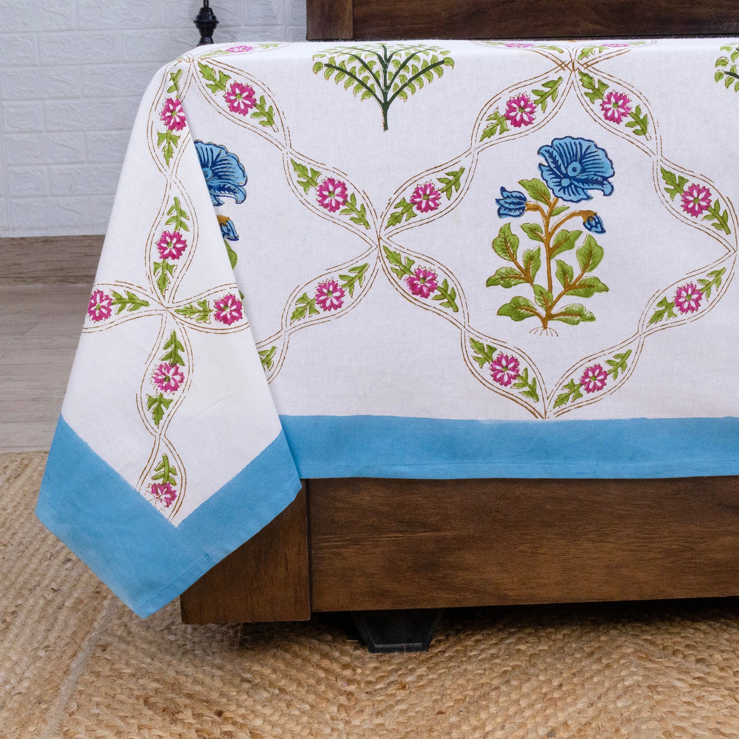 Indian Handmade Block Printed White Floral Pattern Cotton Bed sheet For living Room, Kids Room - My Store