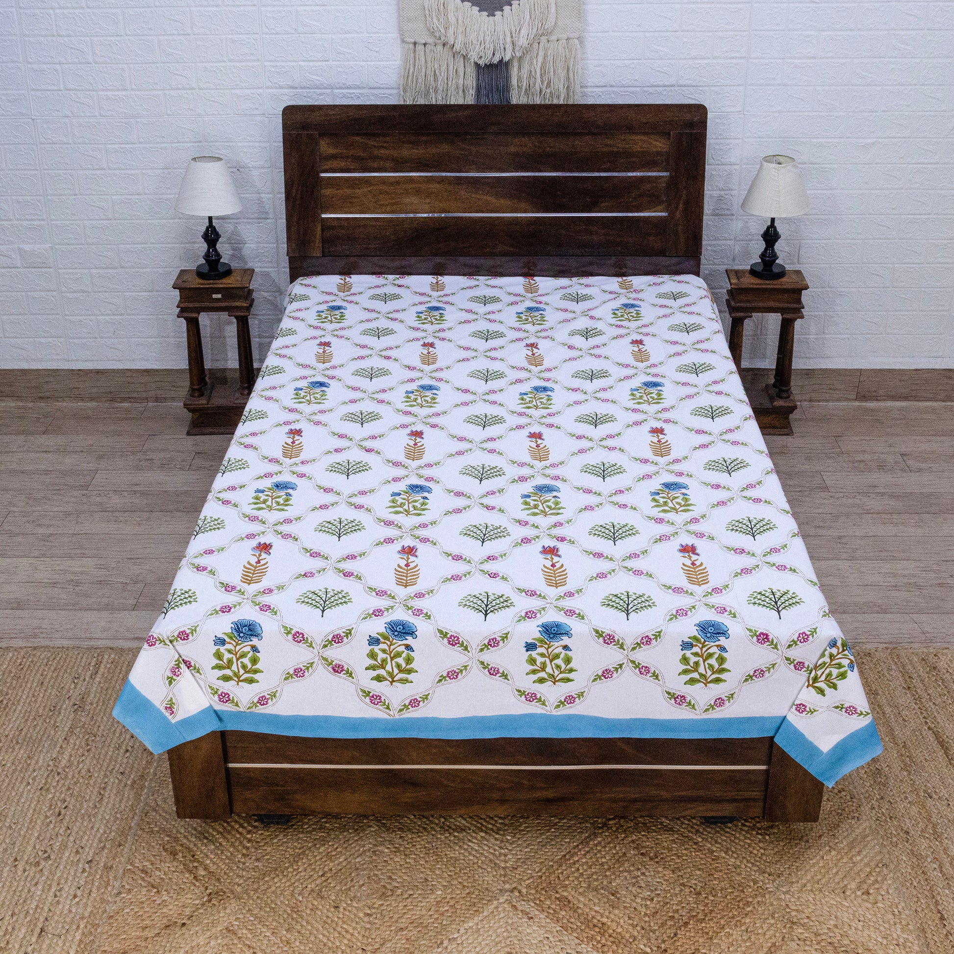 Indian Handmade Block Printed White Floral Pattern Cotton Bed sheet For living Room, Kids Room - My Store