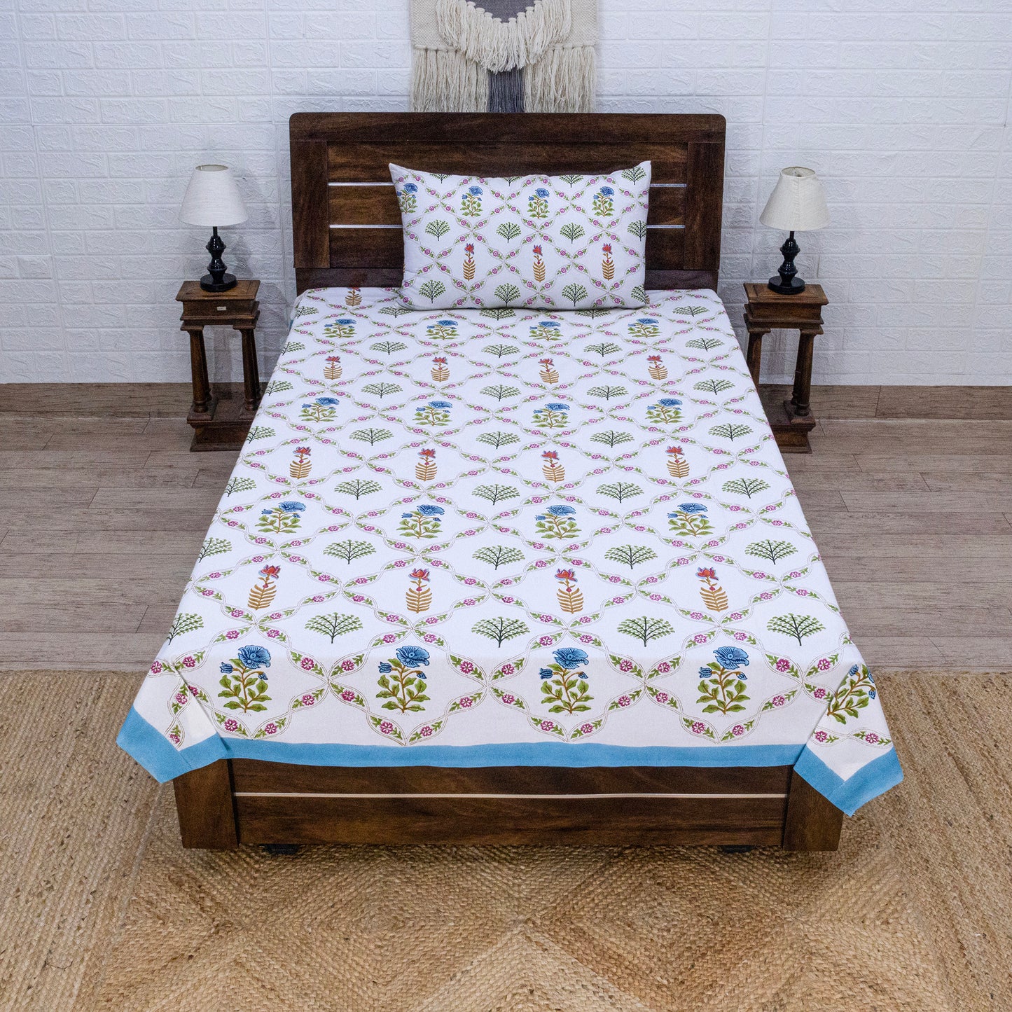 Indian Handmade Block Printed White Floral Pattern Cotton Bed sheet For living Room, Kids Room - My Store