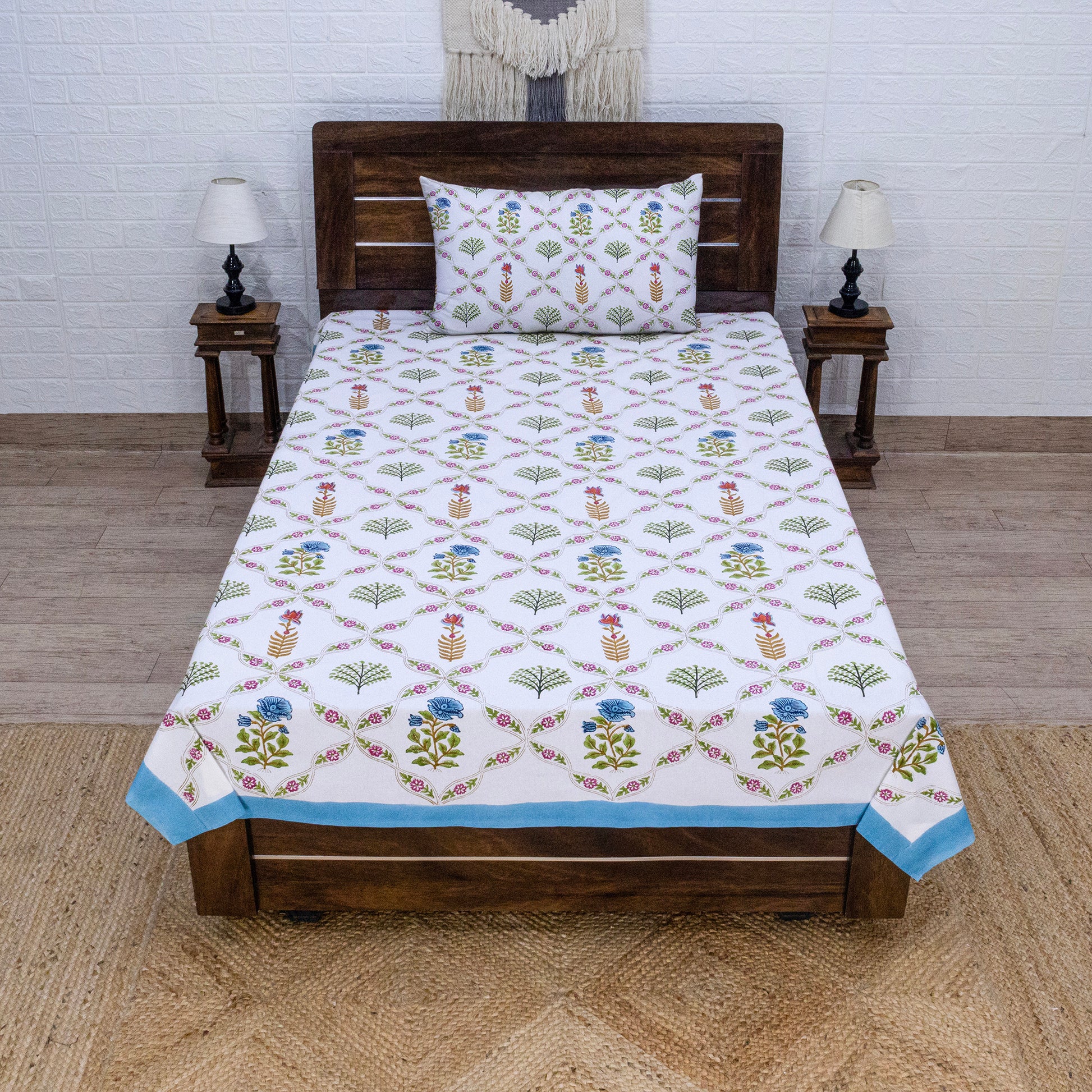 Indian Handmade Block Printed White Floral Pattern Cotton Bed sheet For living Room, Kids Room - My Store