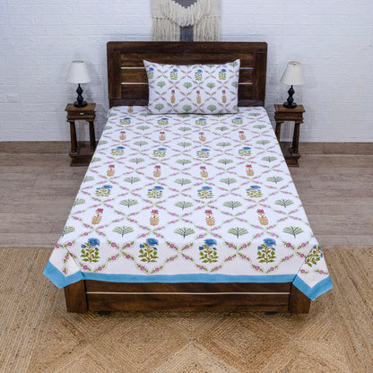 Indian Handmade Block Printed White Floral Pattern Cotton Bed sheet For living Room, Kids Room - My Store
