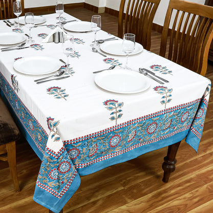 Classic White and Cyan Blue Hand Block Floral Tablecloth 100% Cotton - My Store