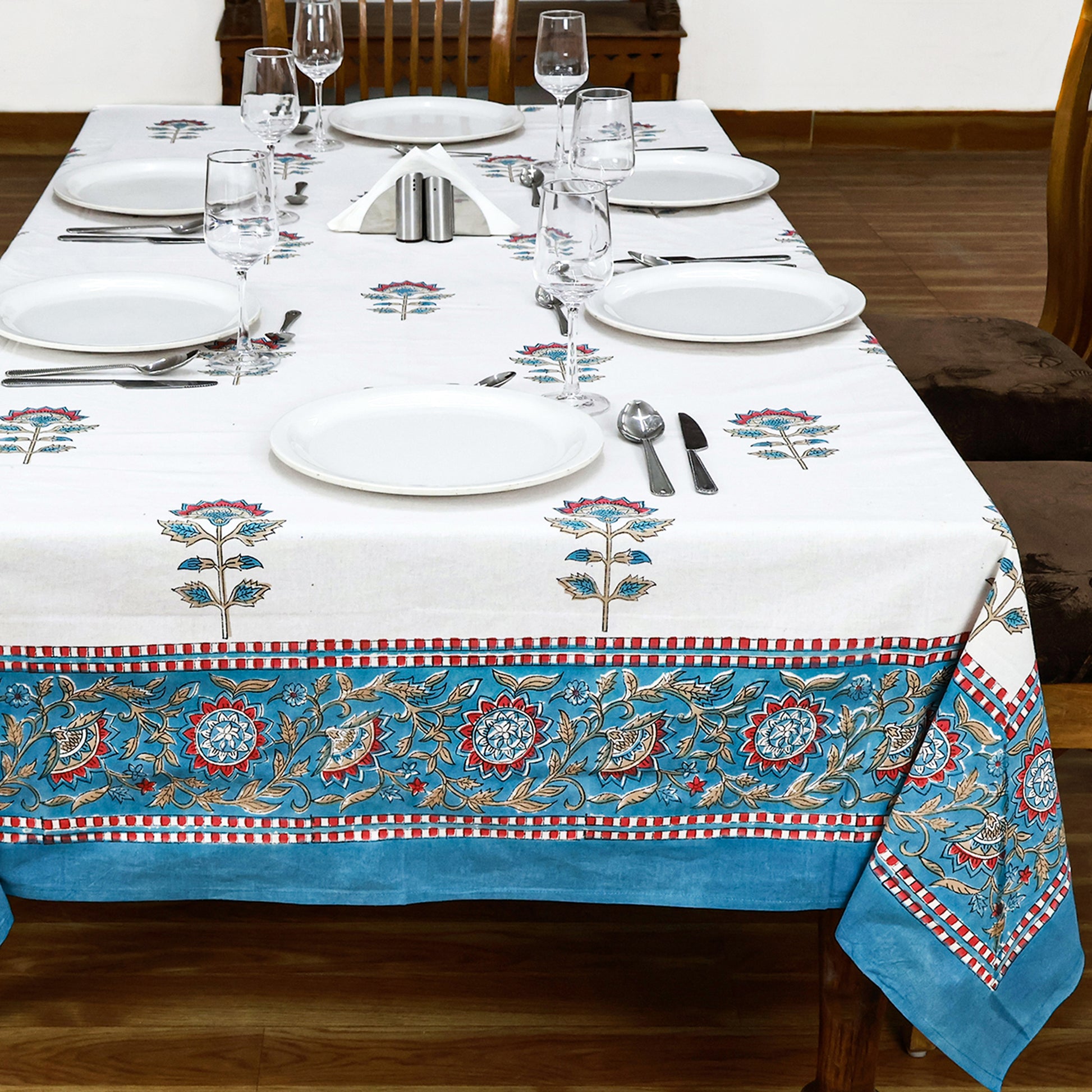 Classic White and Cyan Blue Hand Block Floral Tablecloth 100% Cotton - My Store