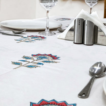 Classic White and Cyan Blue Hand Block Floral Tablecloth 100% Cotton - My Store