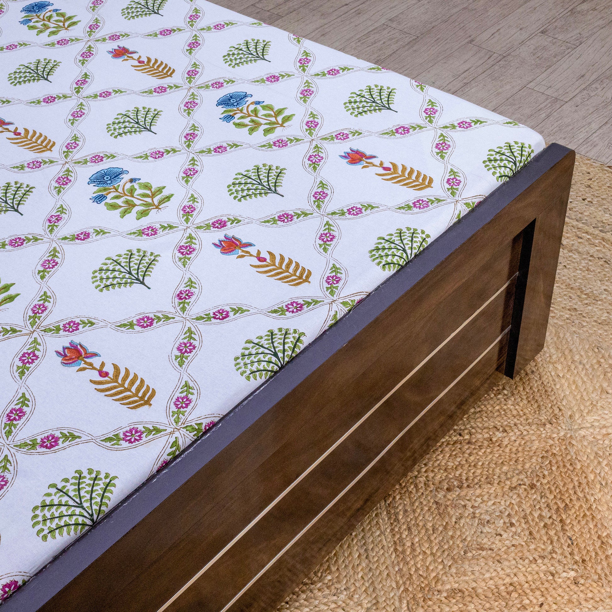 Indian Handmade Block Printed White Floral Pattern Cotton Bed sheet For living Room, Kids Room - My Store