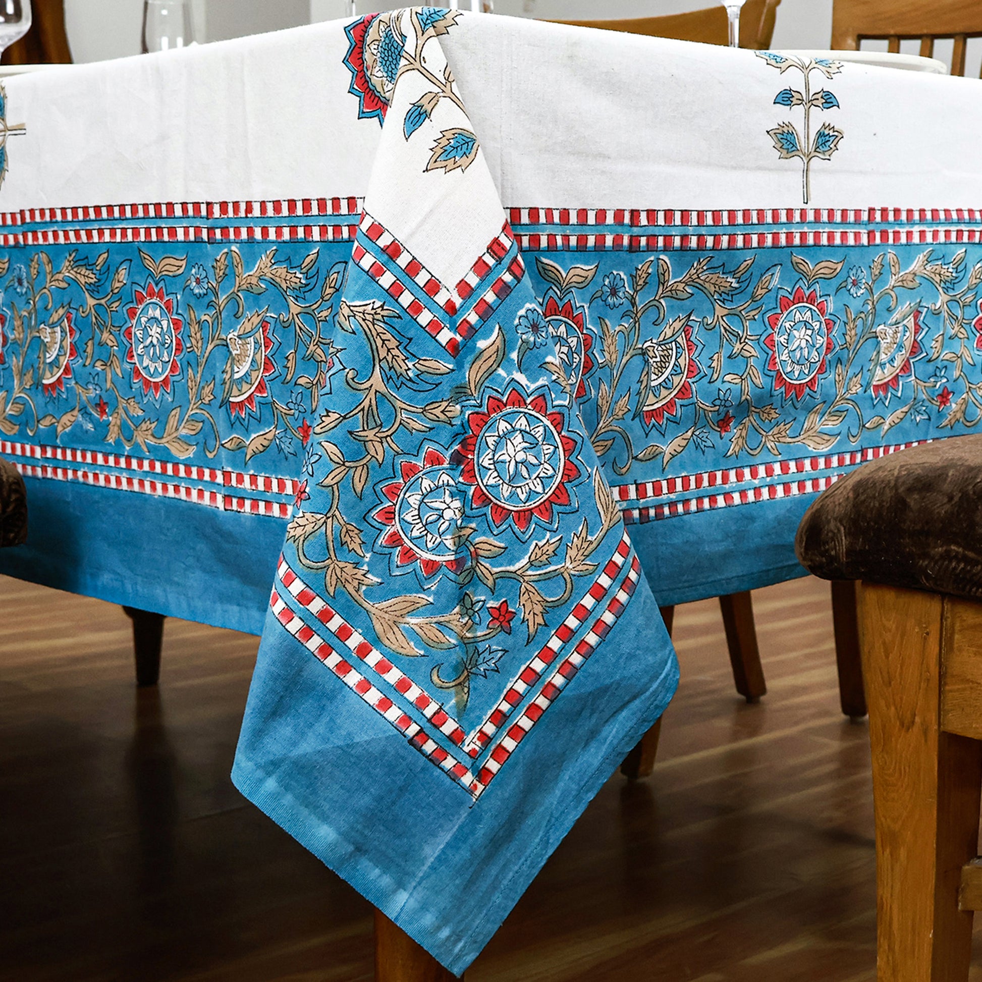 Classic White and Cyan Blue Hand Block Floral Tablecloth 100% Cotton - My Store