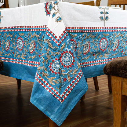 Classic White and Cyan Blue Hand Block Floral Tablecloth 100% Cotton - My Store
