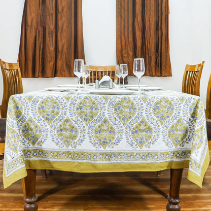 Olive Green Tablecloths, Cotton Table Cover, Wooden Block Prints, Dining Cloth - My Store