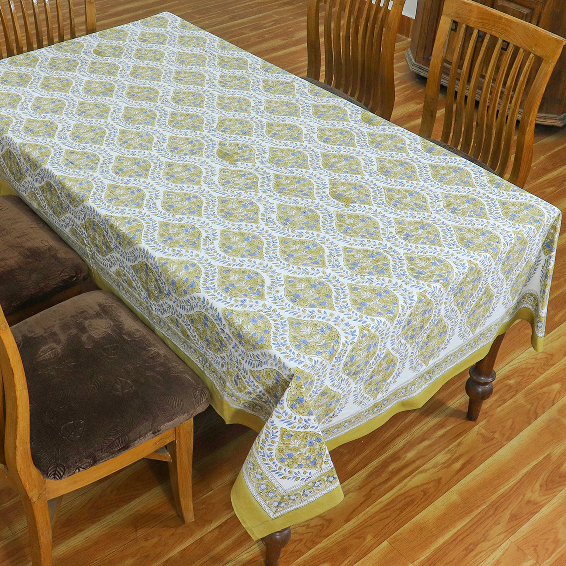 Olive Green Tablecloths, Cotton Table Cover, Wooden Block Prints, Dining Cloth - My Store