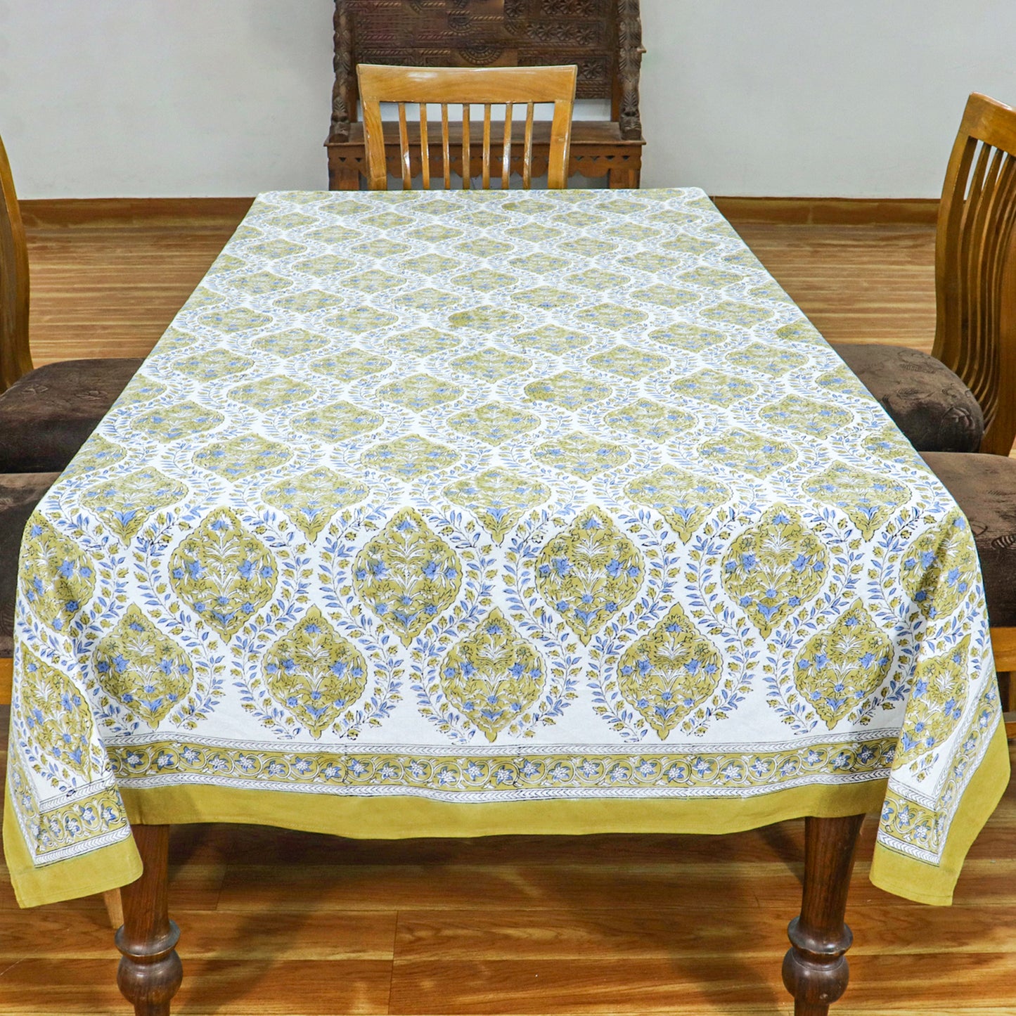 Olive Green Tablecloths, Cotton Table Cover, Wooden Block Prints, Dining Cloth - My Store