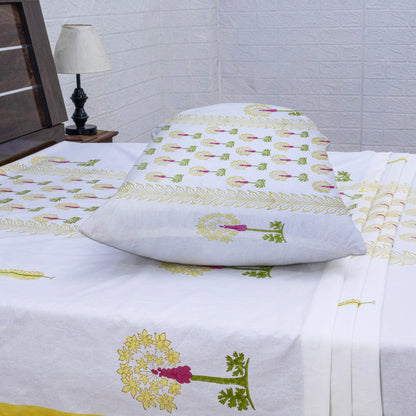 Indian Handmade Block Printed White and Yellow Floral Pattern Cotton Bed sheet For living Room, Kids Room - My Store