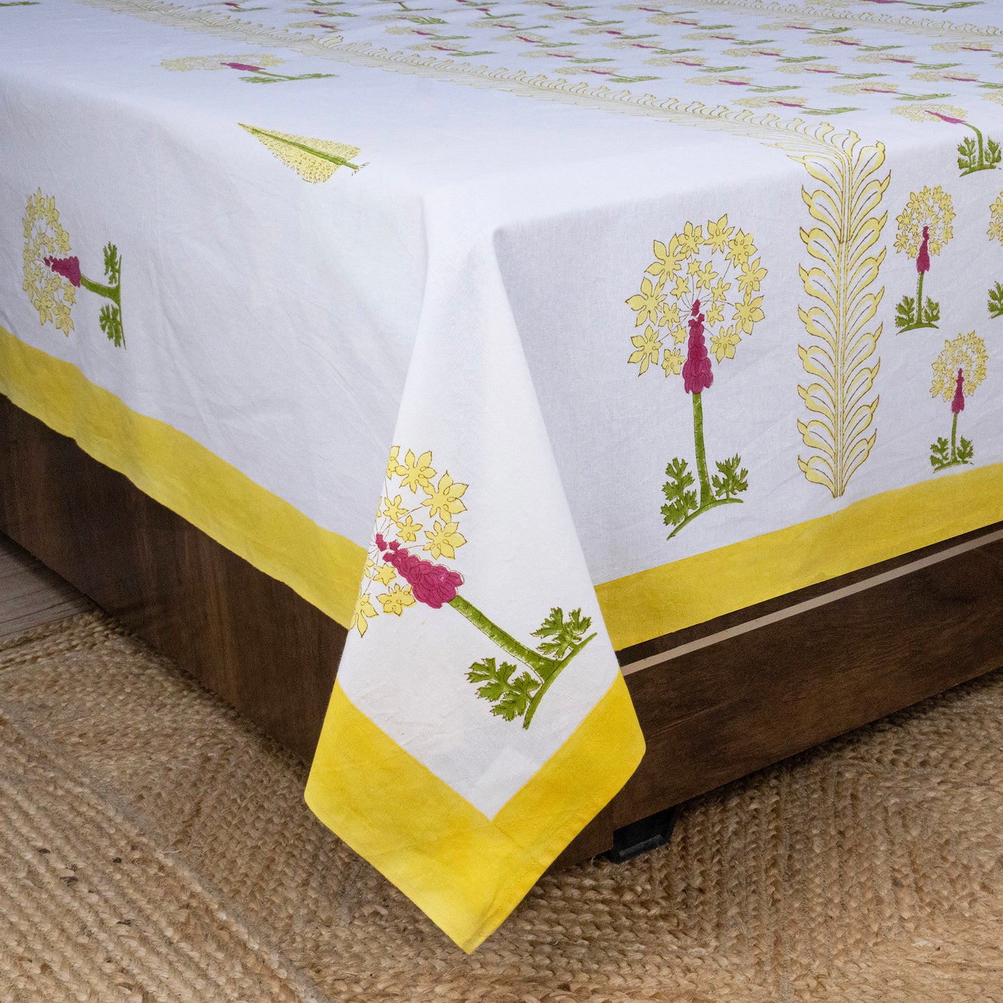 Indian Handmade Block Printed White and Yellow Floral Pattern Cotton Bed sheet For living Room, Kids Room - My Store