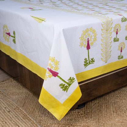 Indian Handmade Block Printed White and Yellow Floral Pattern Cotton Bed sheet For living Room, Kids Room - My Store