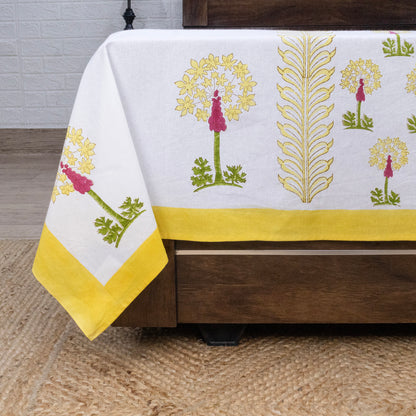 Indian Handmade Block Printed White and Yellow Floral Pattern Cotton Bed sheet For living Room, Kids Room - My Store