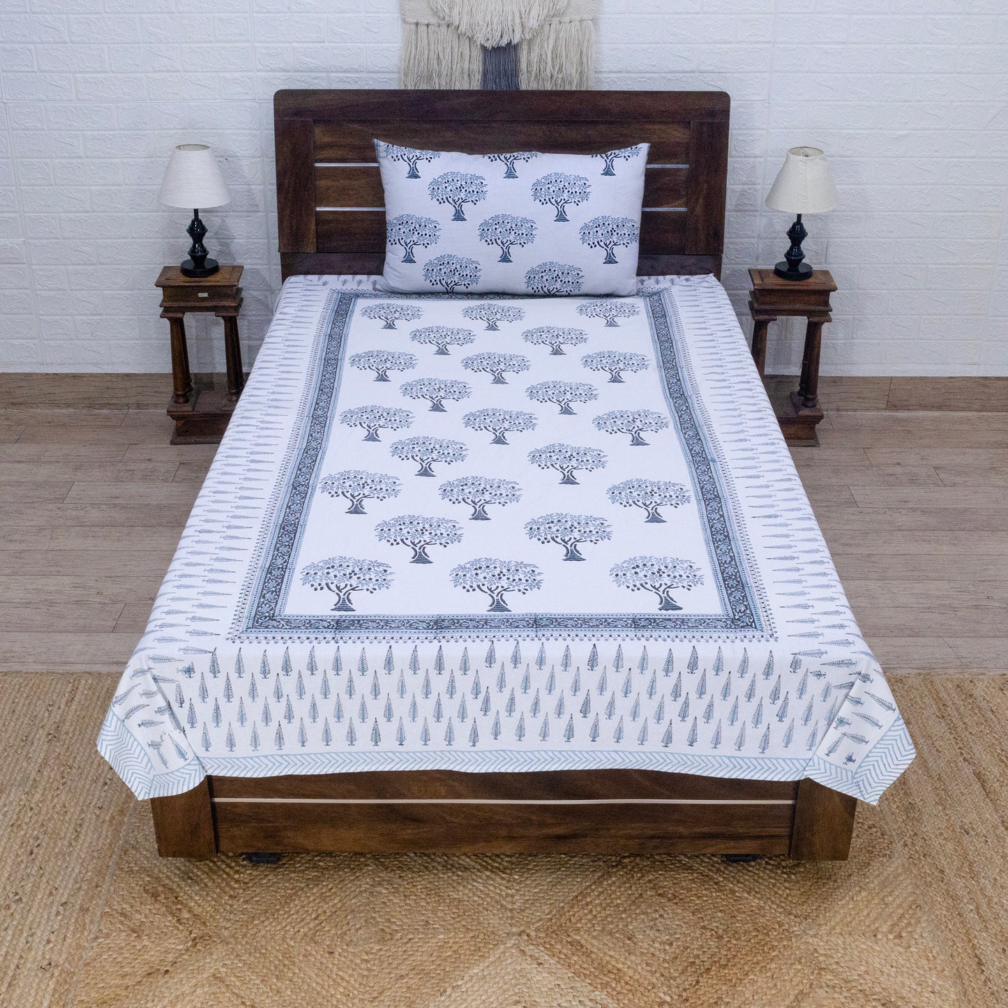 Indian Handmade Block Printed Blue and White Floral Pattern Cotton Bed sheet For living Room, Kids Room - My Store