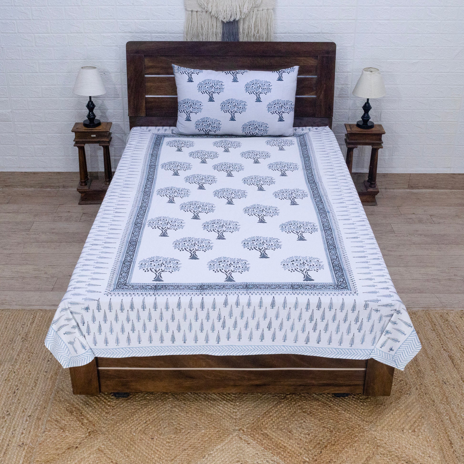 Indian Handmade Block Printed Blue and White Floral Pattern Cotton Bed sheet For living Room, Kids Room - My Store