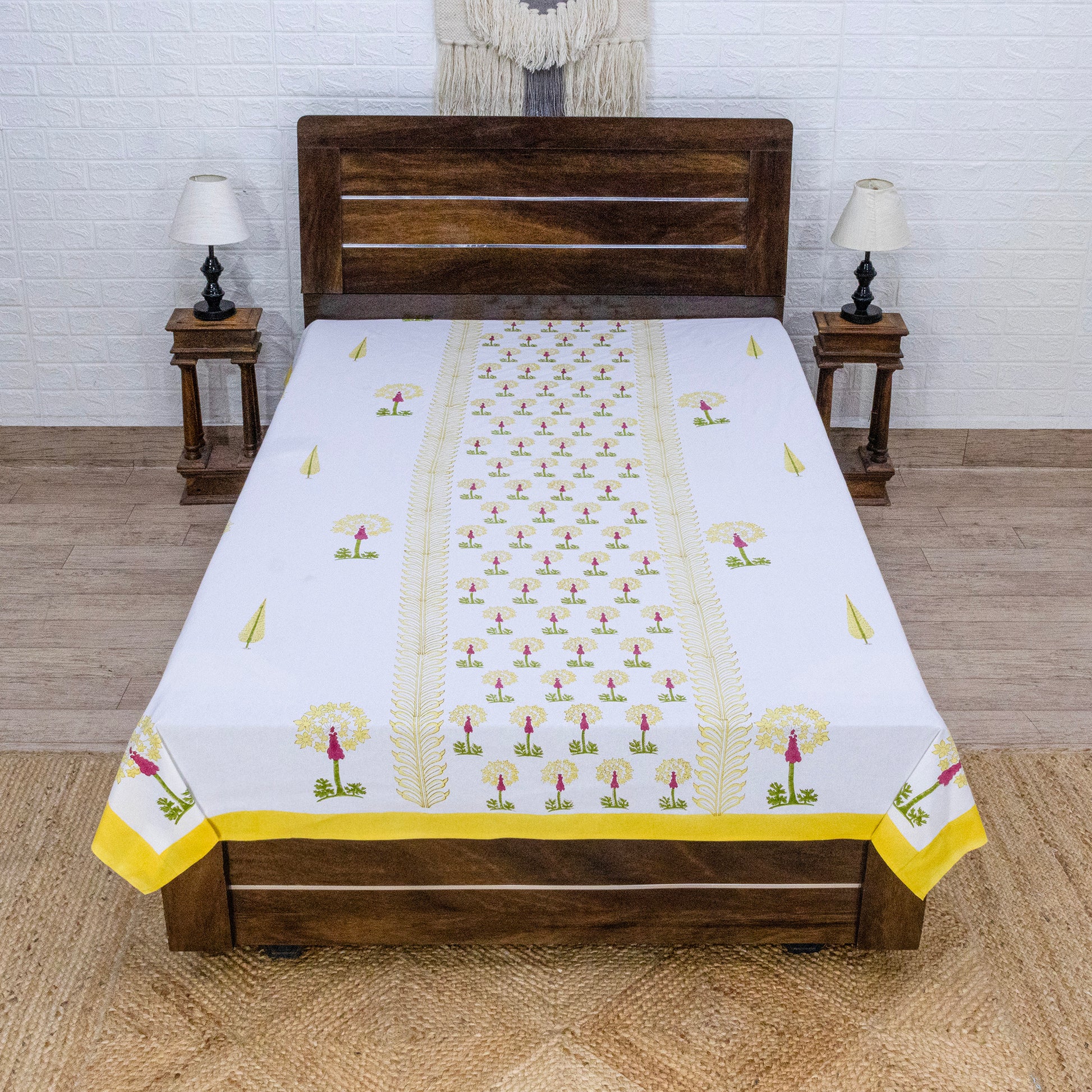 Indian Handmade Block Printed White and Yellow Floral Pattern Cotton Bed sheet For living Room, Kids Room - My Store