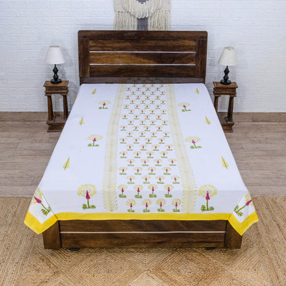 Indian Handmade Block Printed White and Yellow Floral Pattern Cotton Bed sheet For living Room, Kids Room - My Store