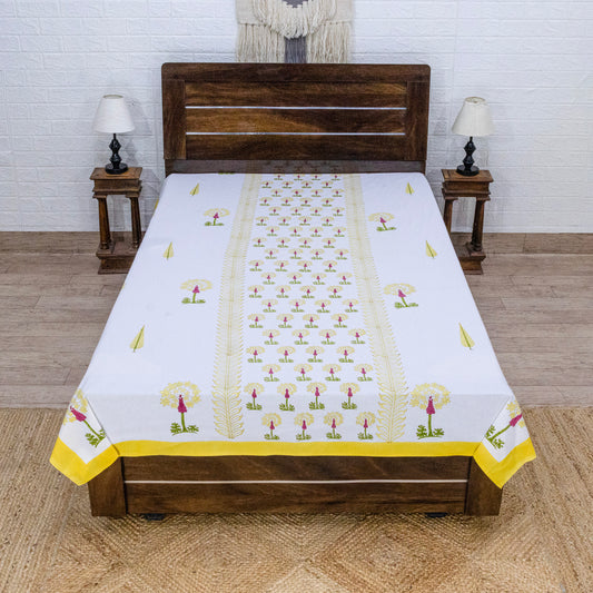 Indian Handmade Block Printed White and Yellow Floral Pattern Cotton Bed sheet For living Room, Kids Room - My Store