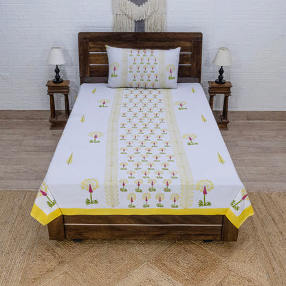 Indian Handmade Block Printed White and Yellow Floral Pattern Cotton Bed sheet For living Room, Kids Room - My Store