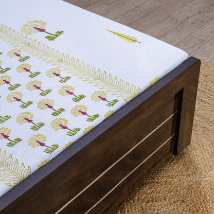 Indian Handmade Block Printed White and Yellow Floral Pattern Cotton Bed sheet For living Room, Kids Room - My Store