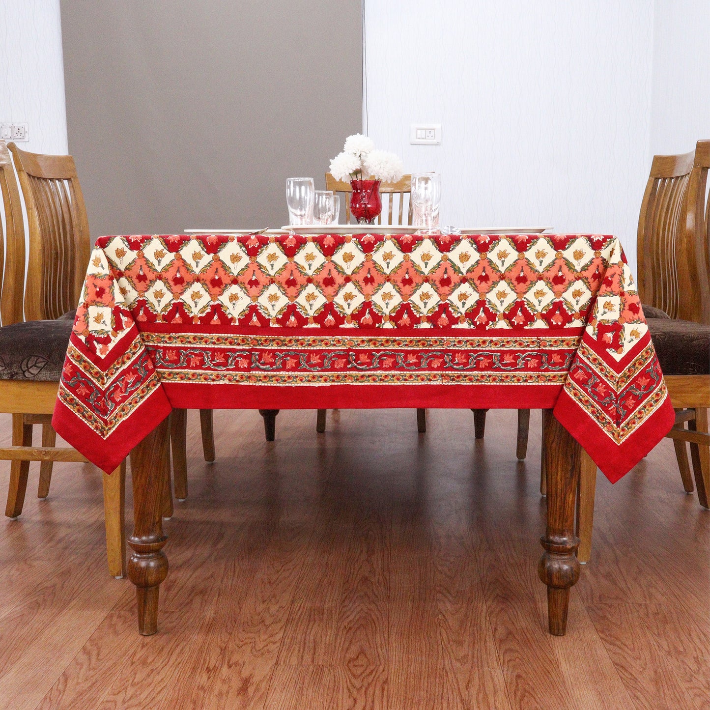 Artisan Block Print Cotton Tablecloth, Yellow and Red Indian Rectangle Dining Cover - My Store