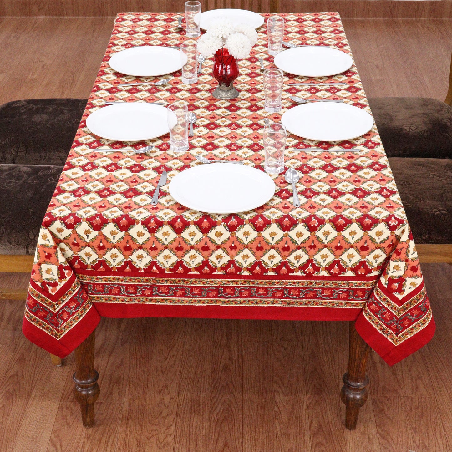 Artisan Block Print Cotton Tablecloth, Yellow and Red Indian Rectangle Dining Cover - My Store