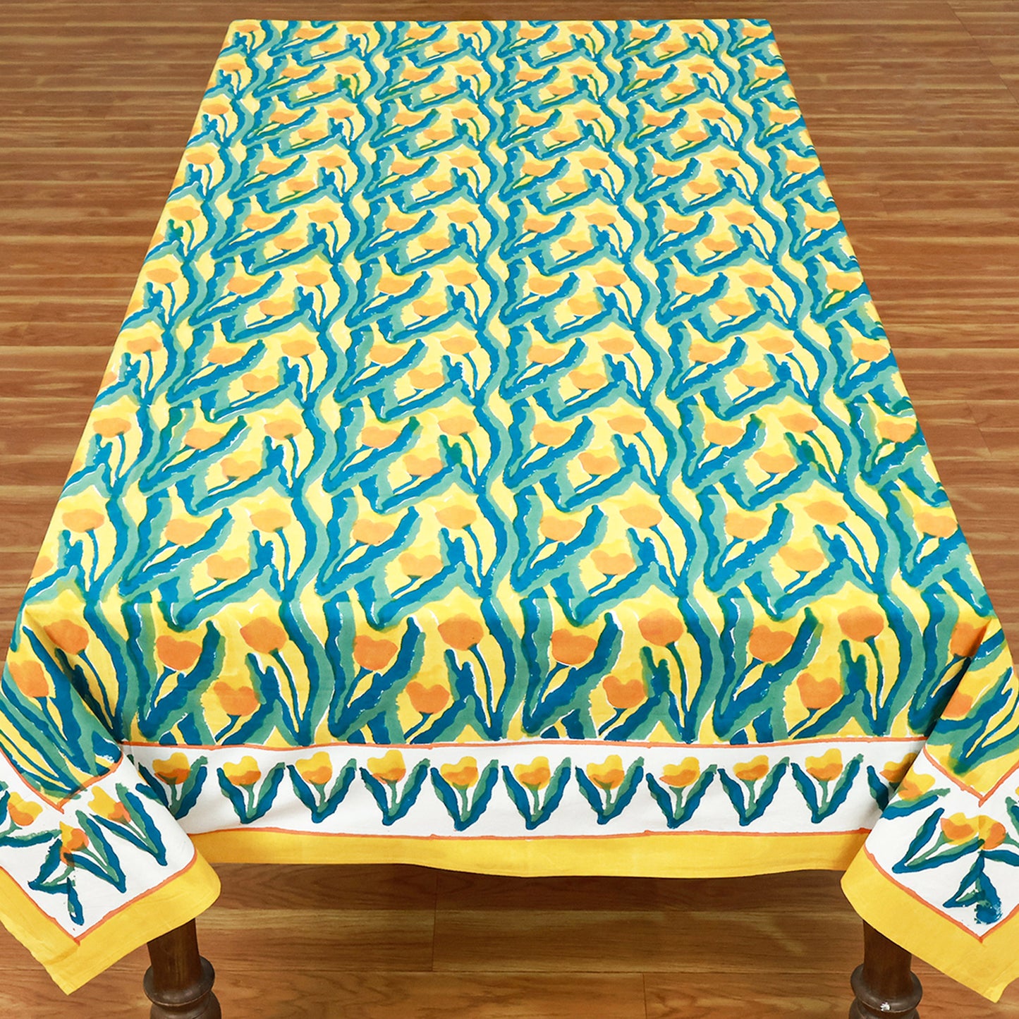 Yellow Green Block Printed Cotton Tablecloth For Dinning Decor - My Store