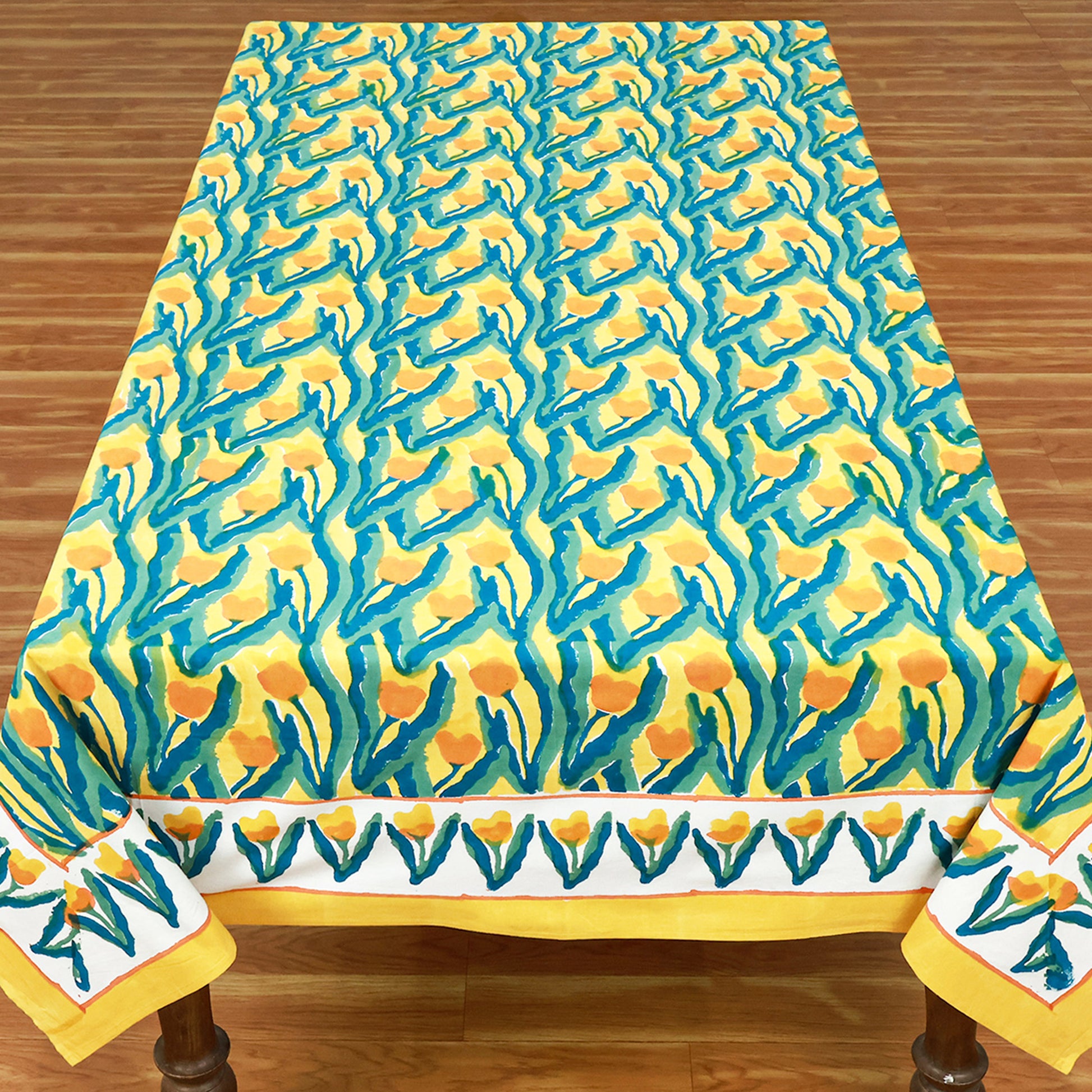 Yellow Green Block Printed Cotton Tablecloth For Dinning Decor - My Store