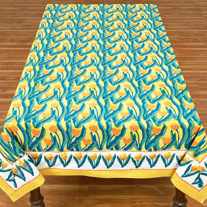 Yellow Green Block Printed Cotton Tablecloth For Dinning Decor - My Store