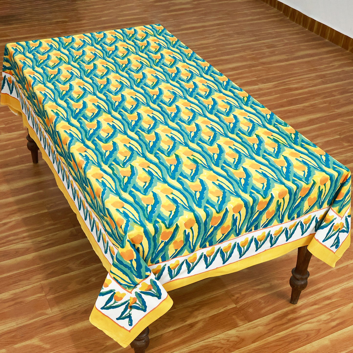 Yellow Green Block Printed Cotton Tablecloth For Dinning Decor - My Store