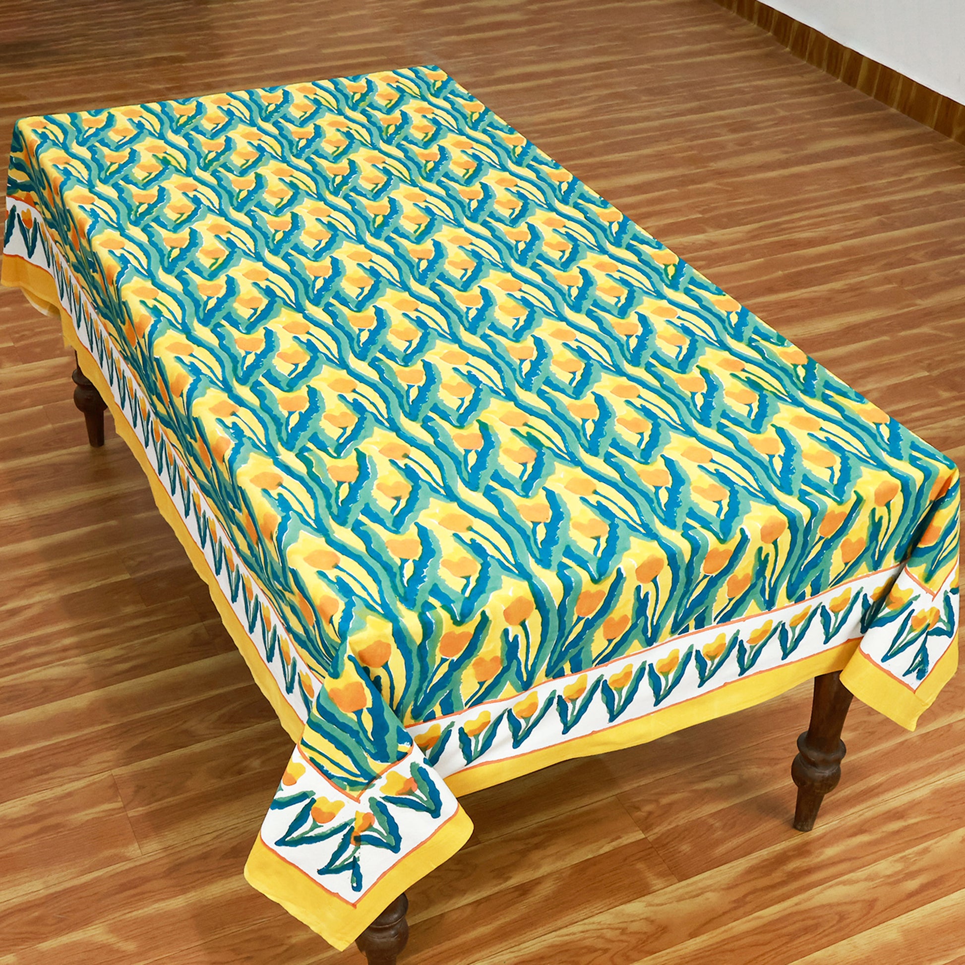 Yellow Green Block Printed Cotton Tablecloth For Dinning Decor - My Store