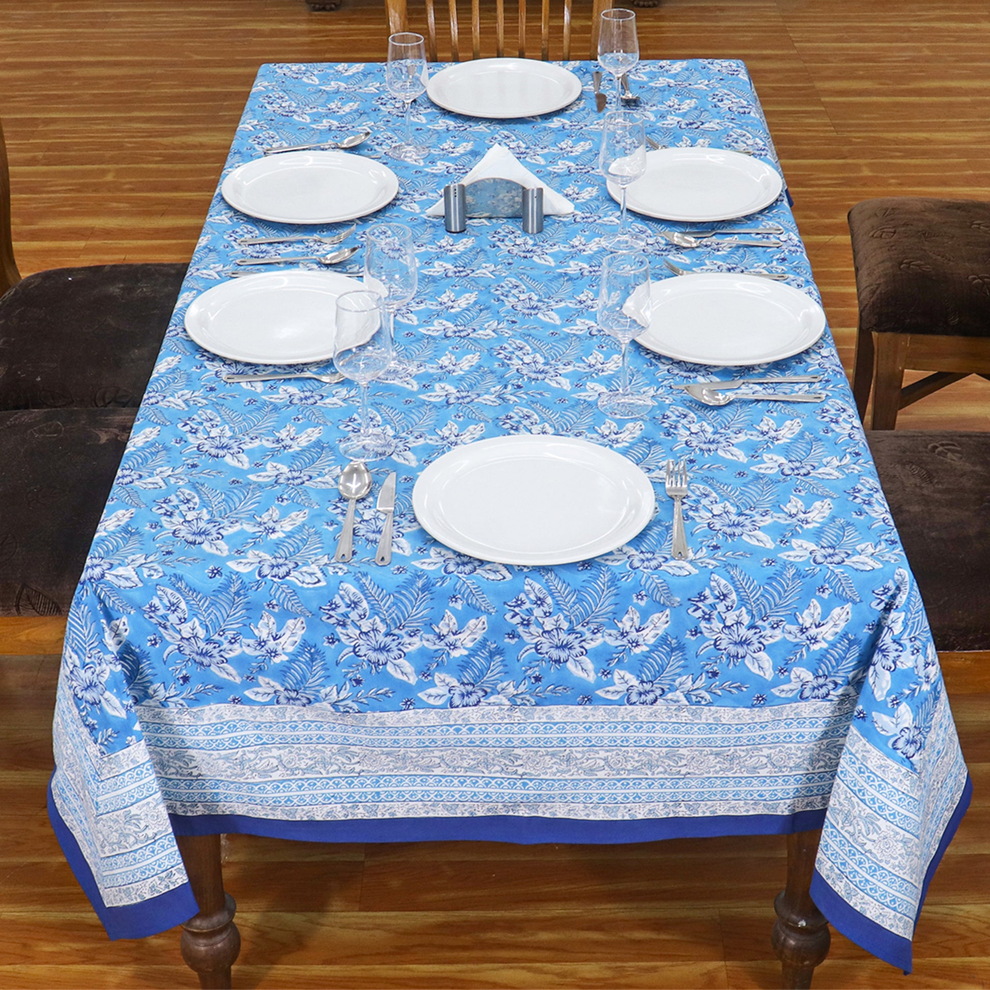 Handcrafted Block Printed Cotton Blue White Rectangle Table Cloth - My Store