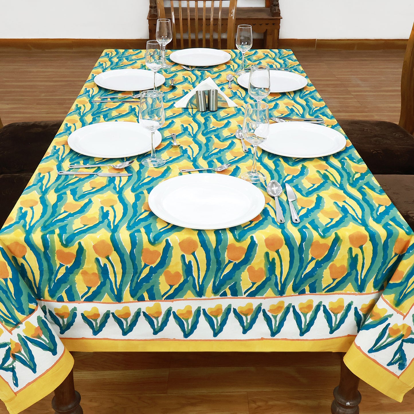 Yellow Green Block Printed Cotton Tablecloth For Dinning Decor - My Store