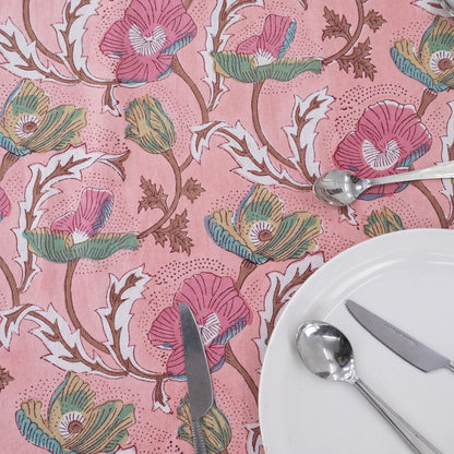 Indian Handmade Block Printed Cotton Pink and Blue Rectangle Tablecloth - My Store