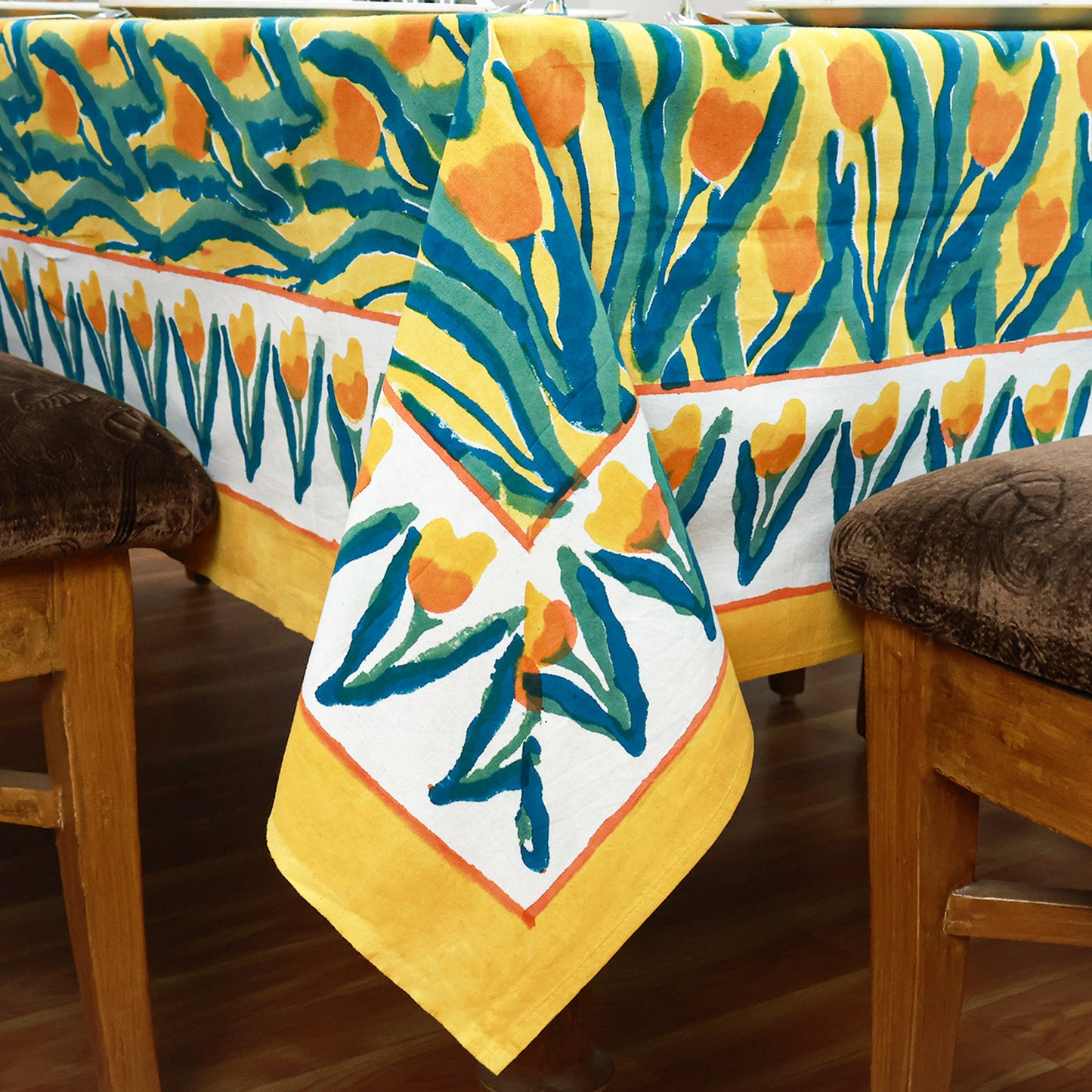 Yellow Green Block Printed Cotton Tablecloth For Dinning Decor - My Store