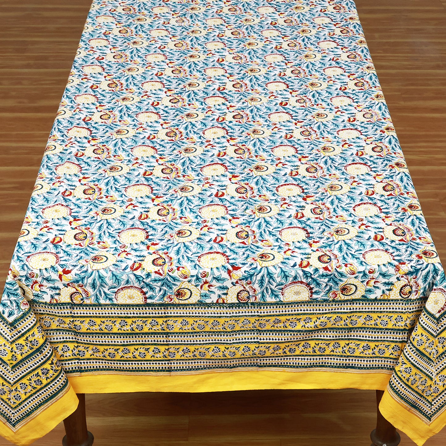 Indian Hand Block Printed Cotton Yellow and Green Dinning Tablecloth - My Store