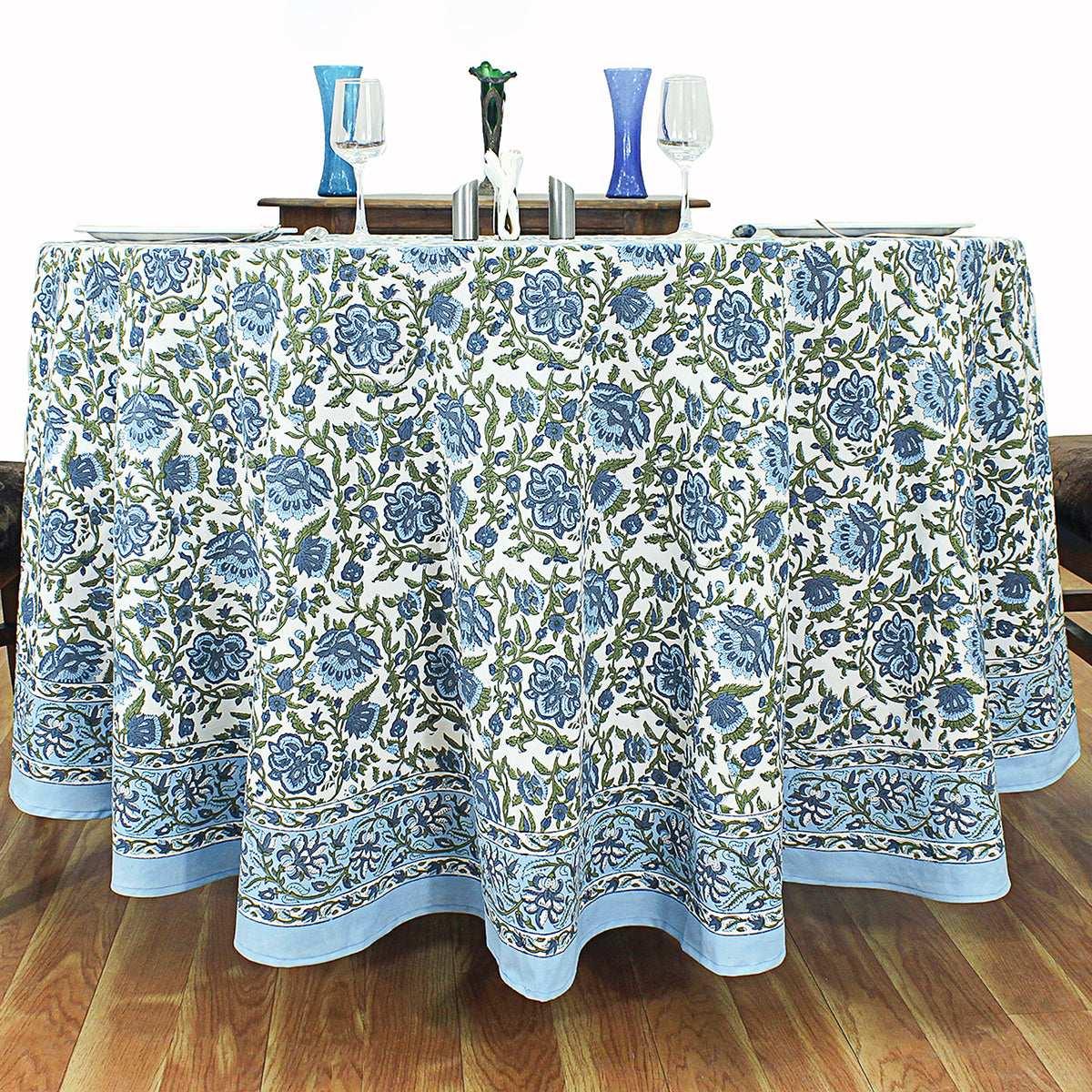 Blue and White Hand Block Printed Cover, Floral Table Linens, Valentine Table Cloth - My Store
