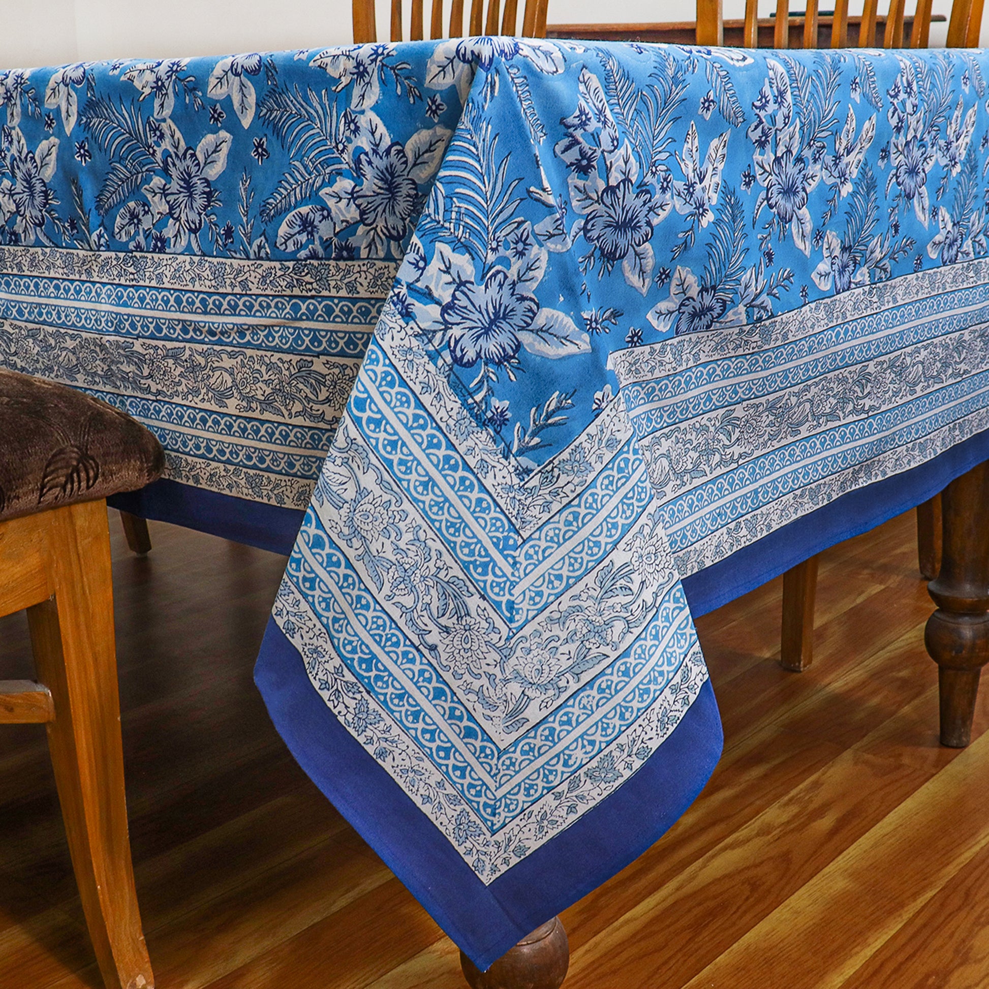 Handcrafted Block Printed Cotton Blue White Rectangle Table Cloth - My Store