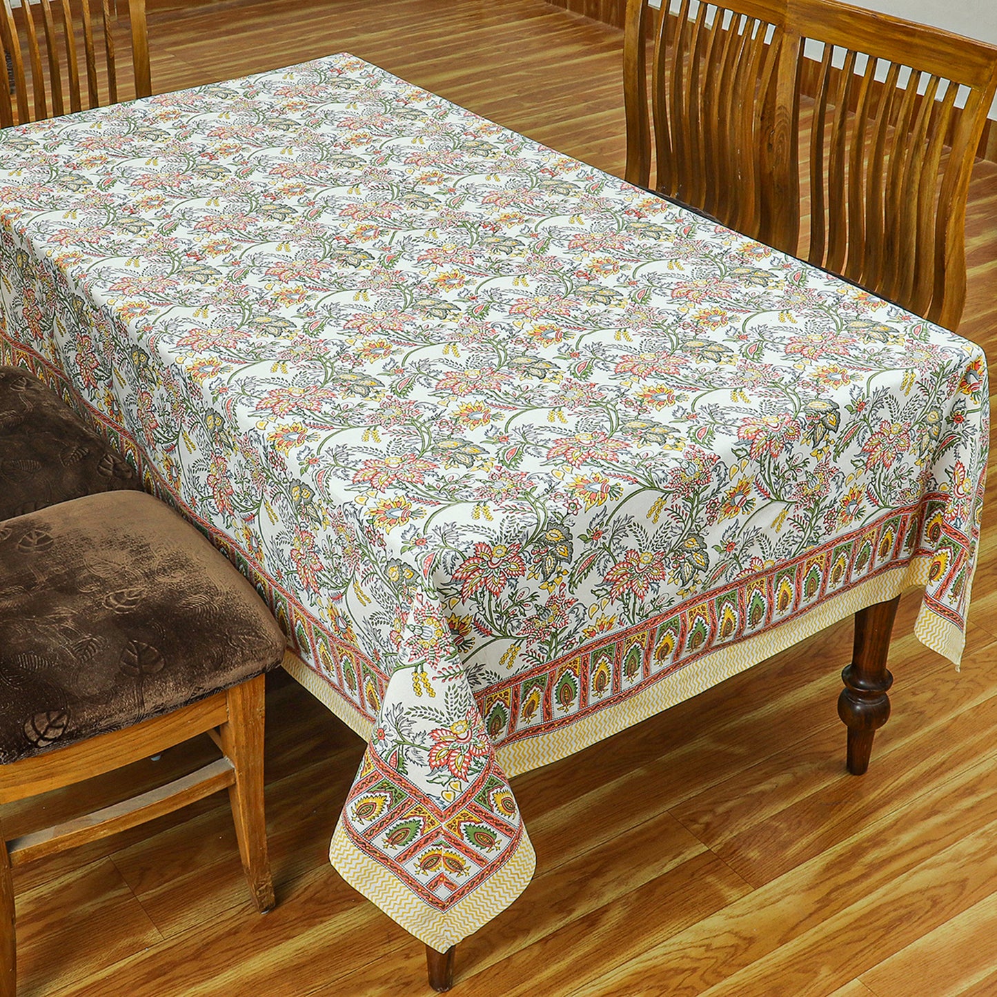 Orange and Green Block Printed Cotton Tablecloth for Rectangle Dinning Decor - My Store