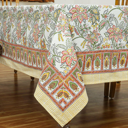 Orange and Green Block Printed Cotton Tablecloth for Rectangle Dinning Decor - My Store