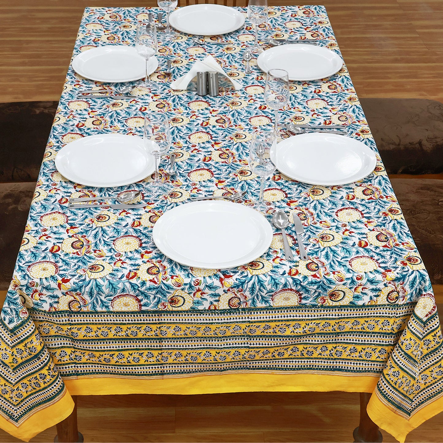 Indian Hand Block Printed Cotton Yellow and Green Dinning Tablecloth - My Store