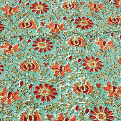 Green Red Floral Indian Hand Block Printed 100% Cotton Tablecloth - My Store