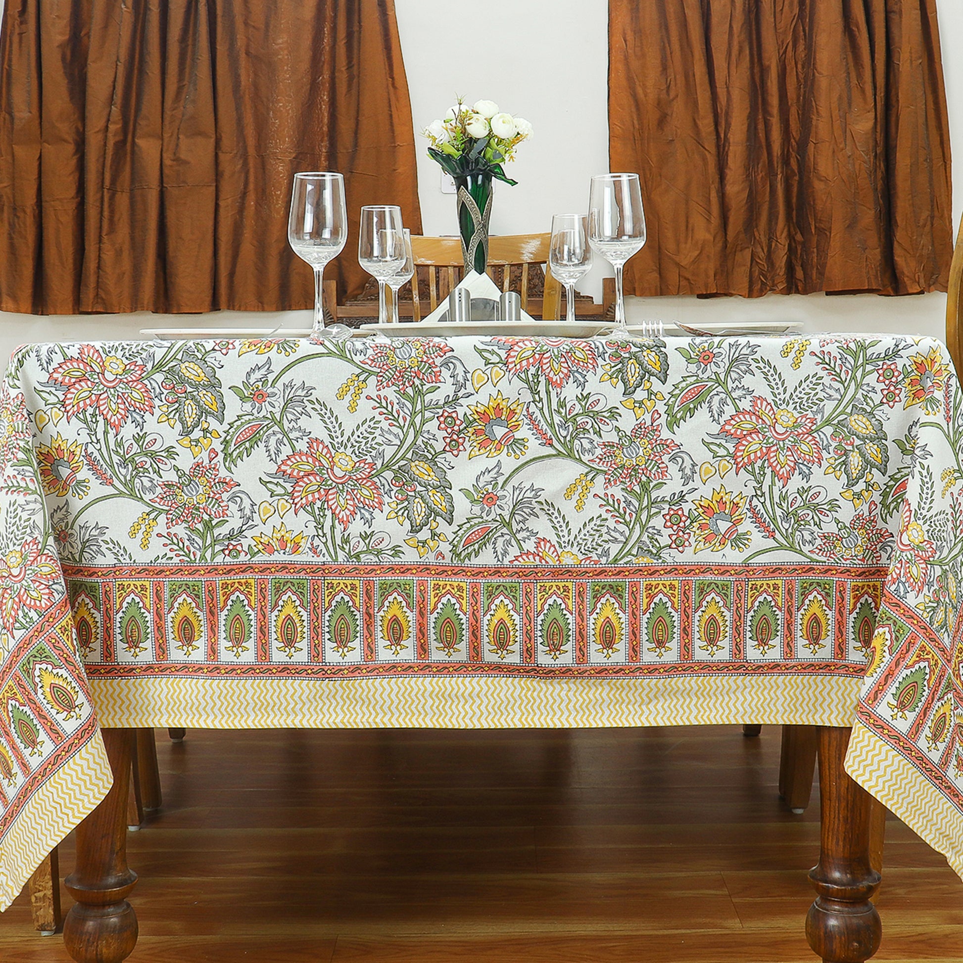 Orange and Green Block Printed Cotton Tablecloth for Rectangle Dinning Decor - My Store