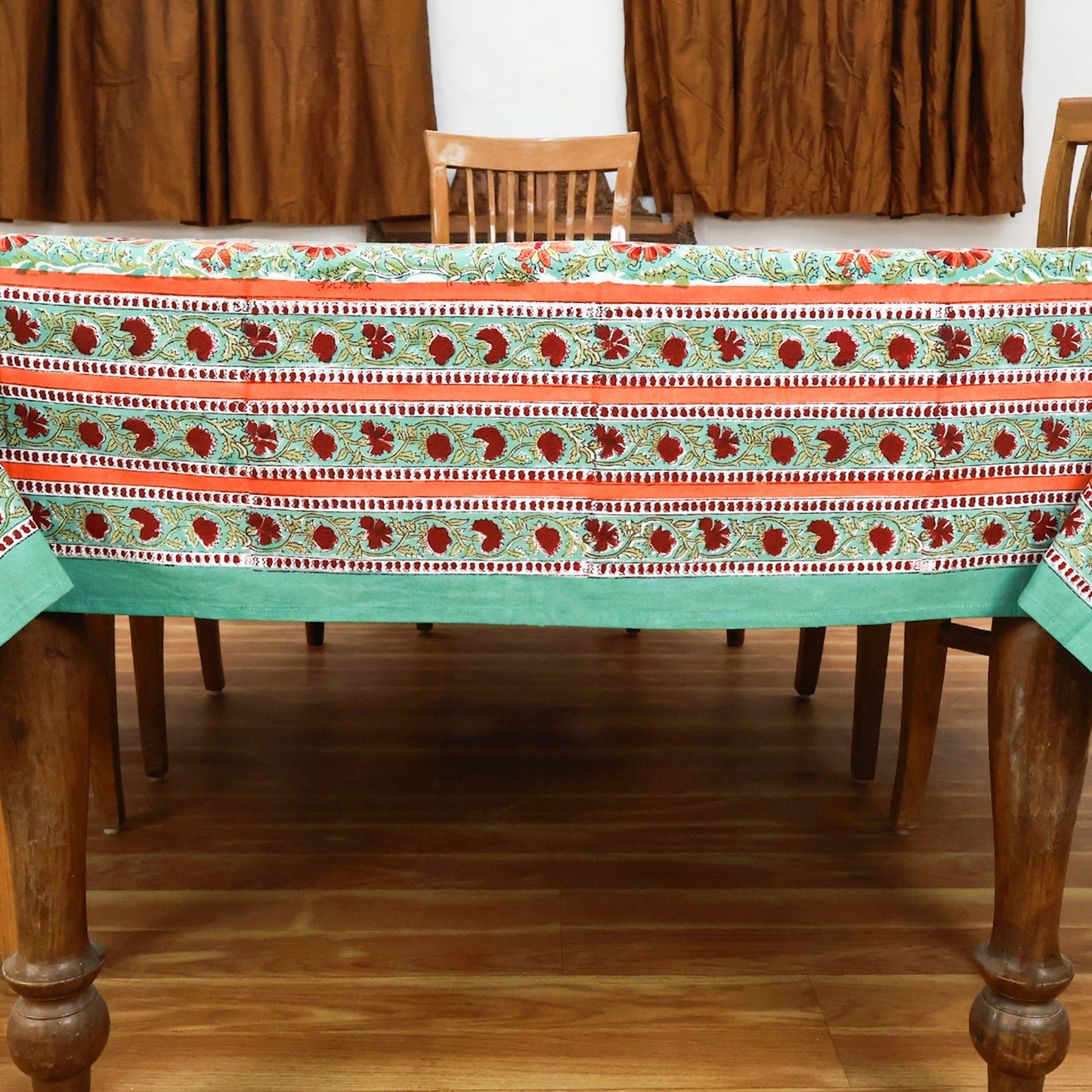 Green Red Floral Indian Hand Block Printed 100% Cotton Tablecloth - My Store